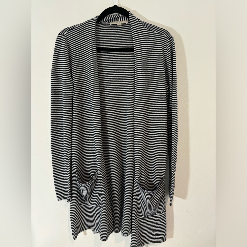 Loft Size Medium Navy Blue/White Striped Open Front Long Cardigan Fall Casual